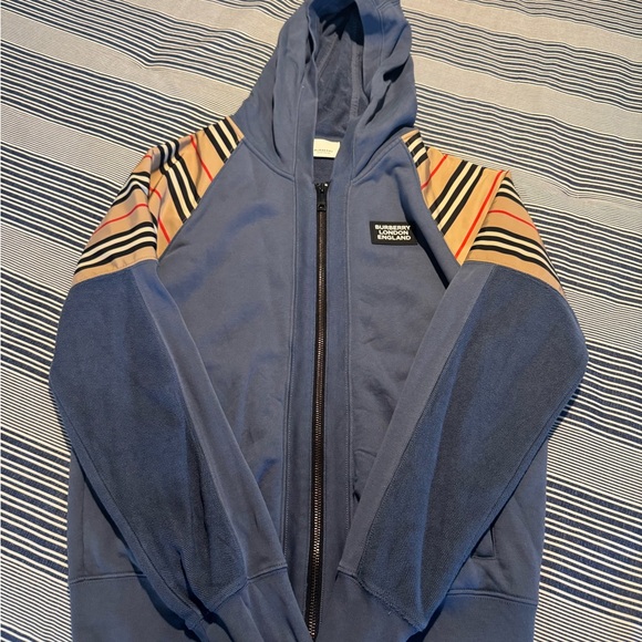 Burberry Navy Hoodie with Signature Check Shoulder PanelsSmall spot on leg